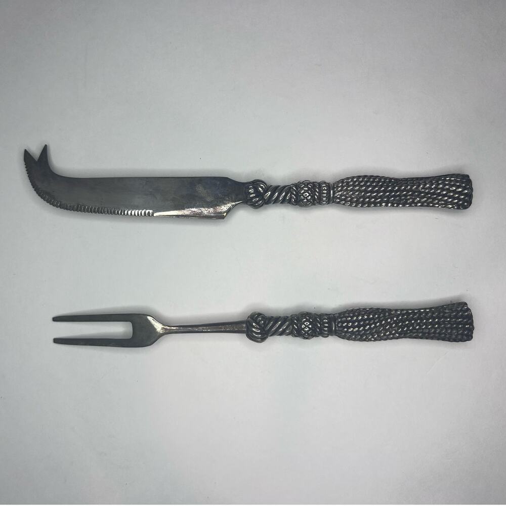 Silea Silver Vintage 80s Cheese Serving Set Knife & Fork Braided Cord Set of 2